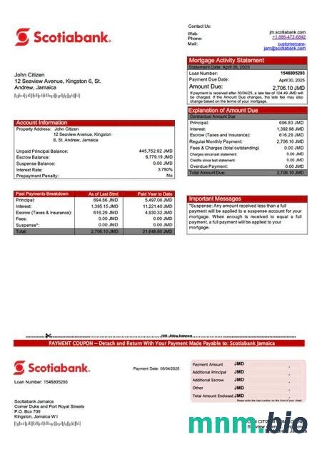 Jamajka Bank Scotiabank wyciąg z kredytu hipotecznego szablon Word i PDF